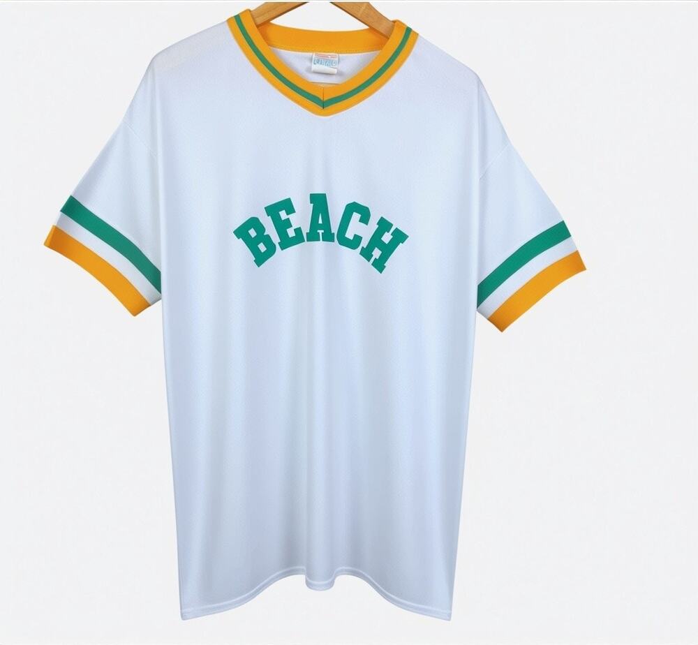 Vintage Empire Sporting Goods Beach V-Neck Jersey White Green 70s 80s Sportswear